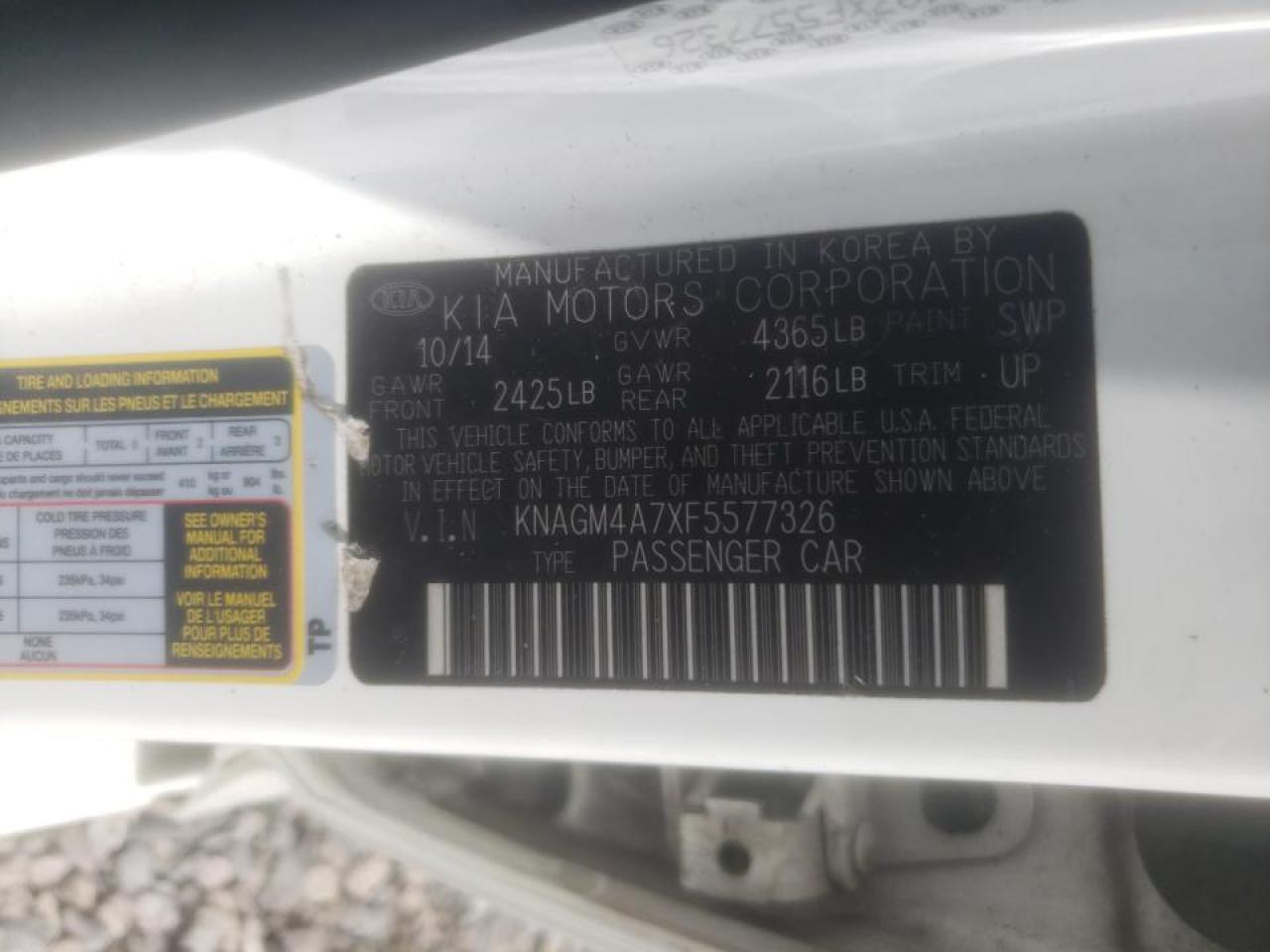 Photo 10 from auction – 2015 KIA OPTIMA LX with VIN KNAGM4A7XF5577326