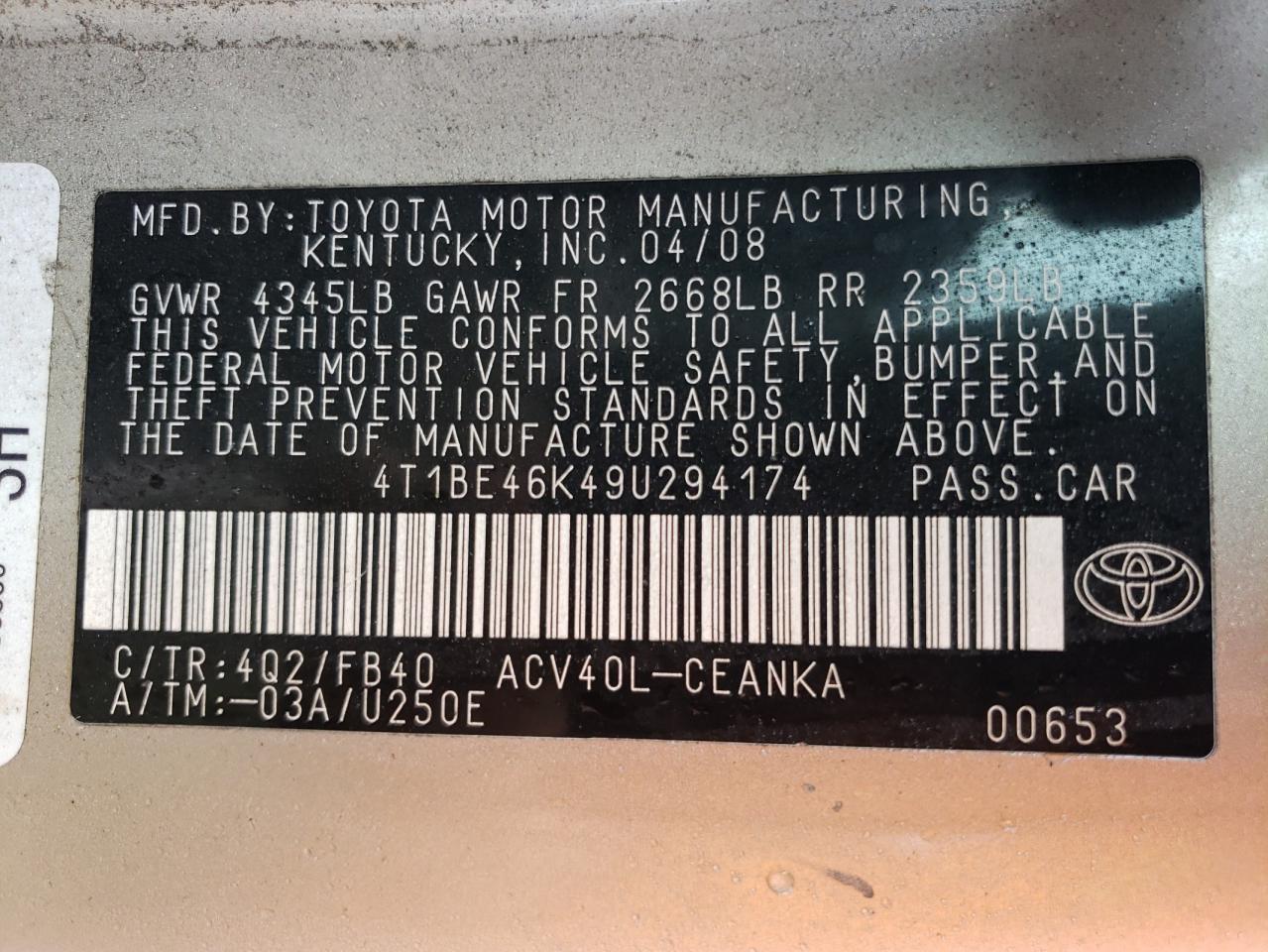 Photo 10 from auction – 2009 TOYOTA CAMRY BASE with VIN 4T1BE46K49U294174