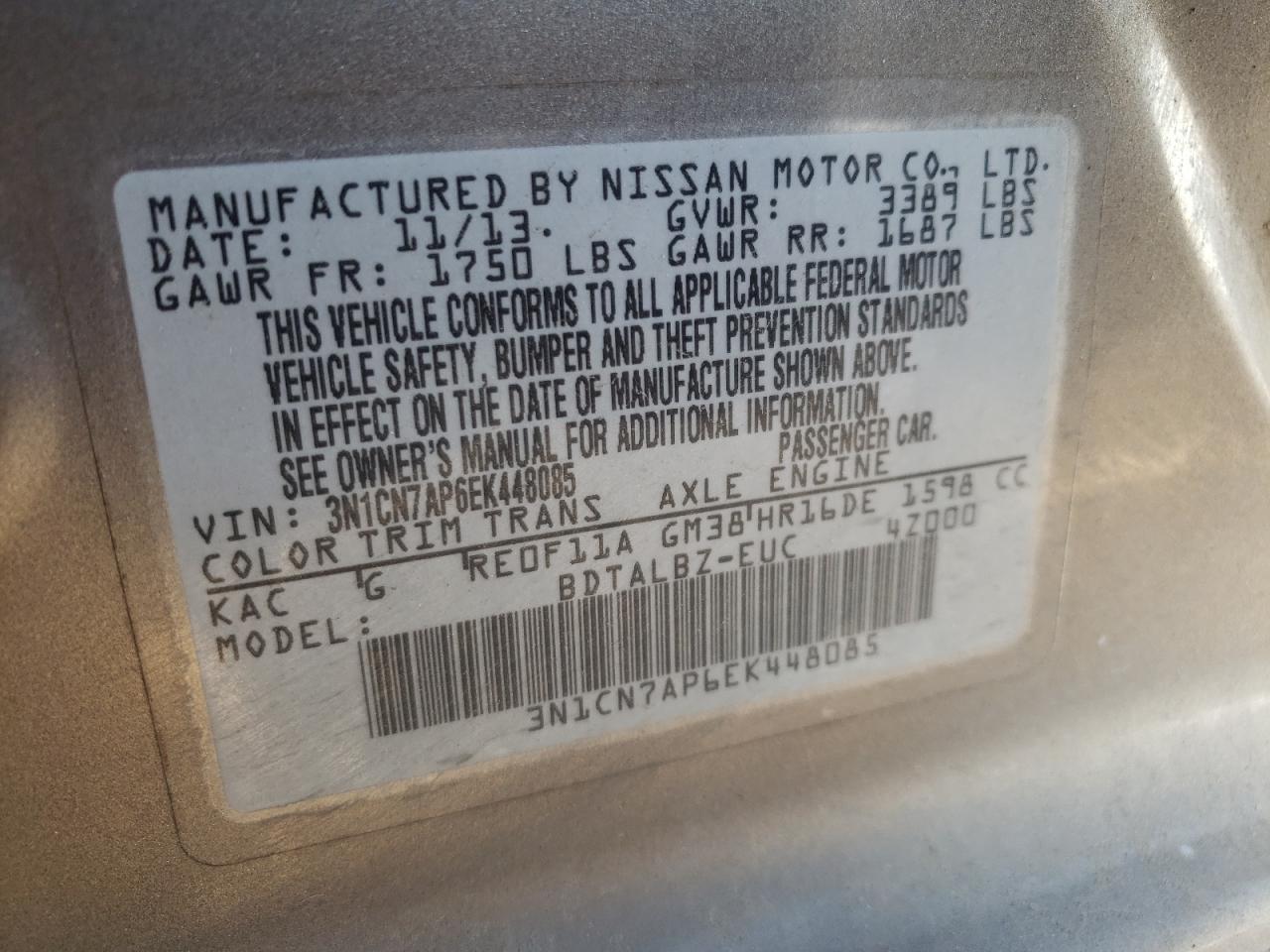 Photo 10 from auction – 2014 NISSAN VERSA S with VIN 3N1CN7AP6EK448085