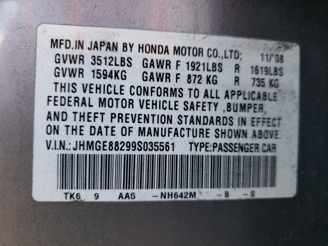 Photo 10 from auction – 2009 HONDA FIT with VIN JHMGE88299S035561