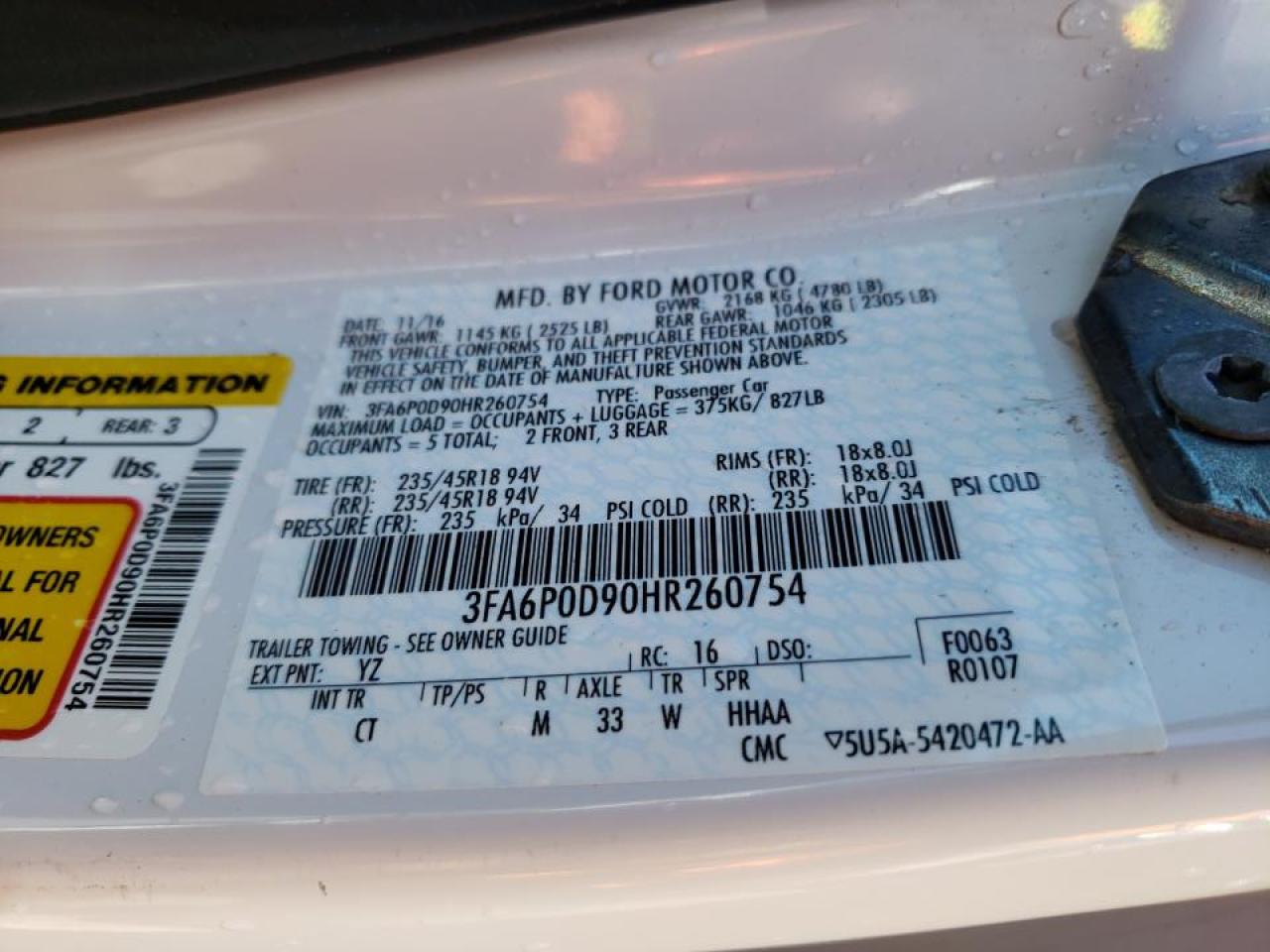 Photo 10 from auction – 2017 FORD FUSION TIT with VIN 3FA6P0D90HR260754
