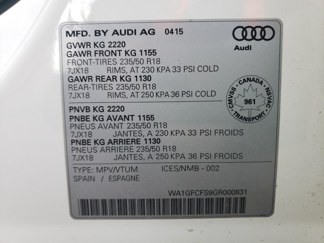 Photo 10 from auction – 2016 AUDI Q3 PRESTIG with VIN WA1GFCFS9GR000831