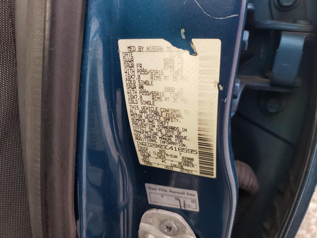 Photo 10 from auction – 2003 NISSAN FRONTIER C with VIN 1N6ED29X03C418595