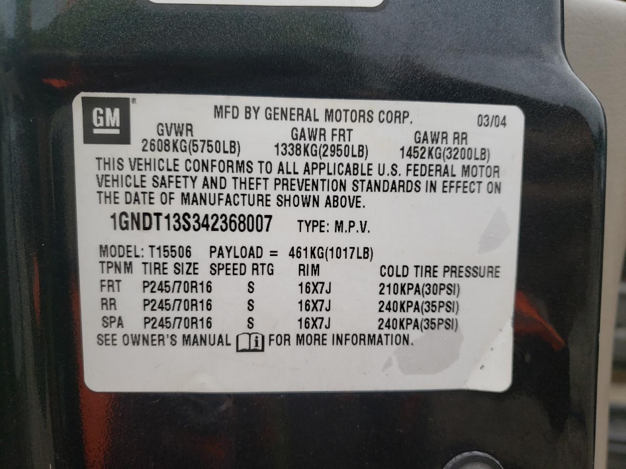 Photo 10 from auction – 2004 CHEVROLET TRAILBLAZE with VIN 1GNDT13S342368007