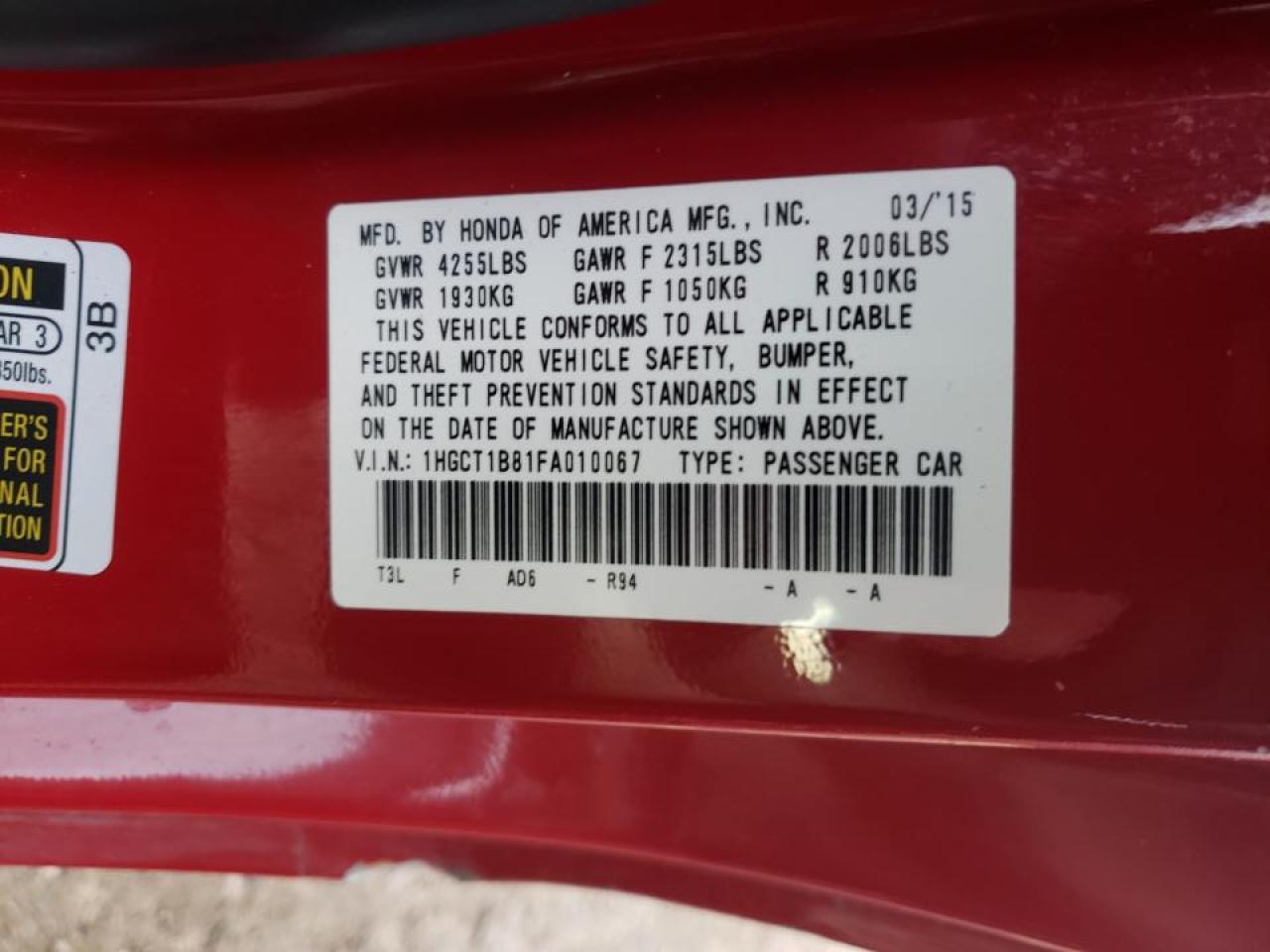 Photo 10 from auction – 2015 HONDA ACCORD EXL with VIN 1HGCT1B81FA010067