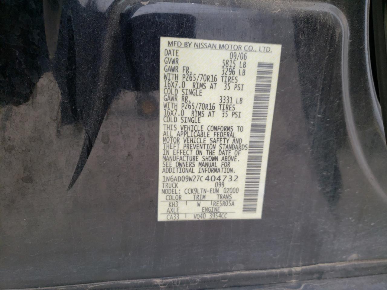 Photo 10 from auction – 2007 NISSAN FRONTIER C with VIN 1N6AD09W27C404732