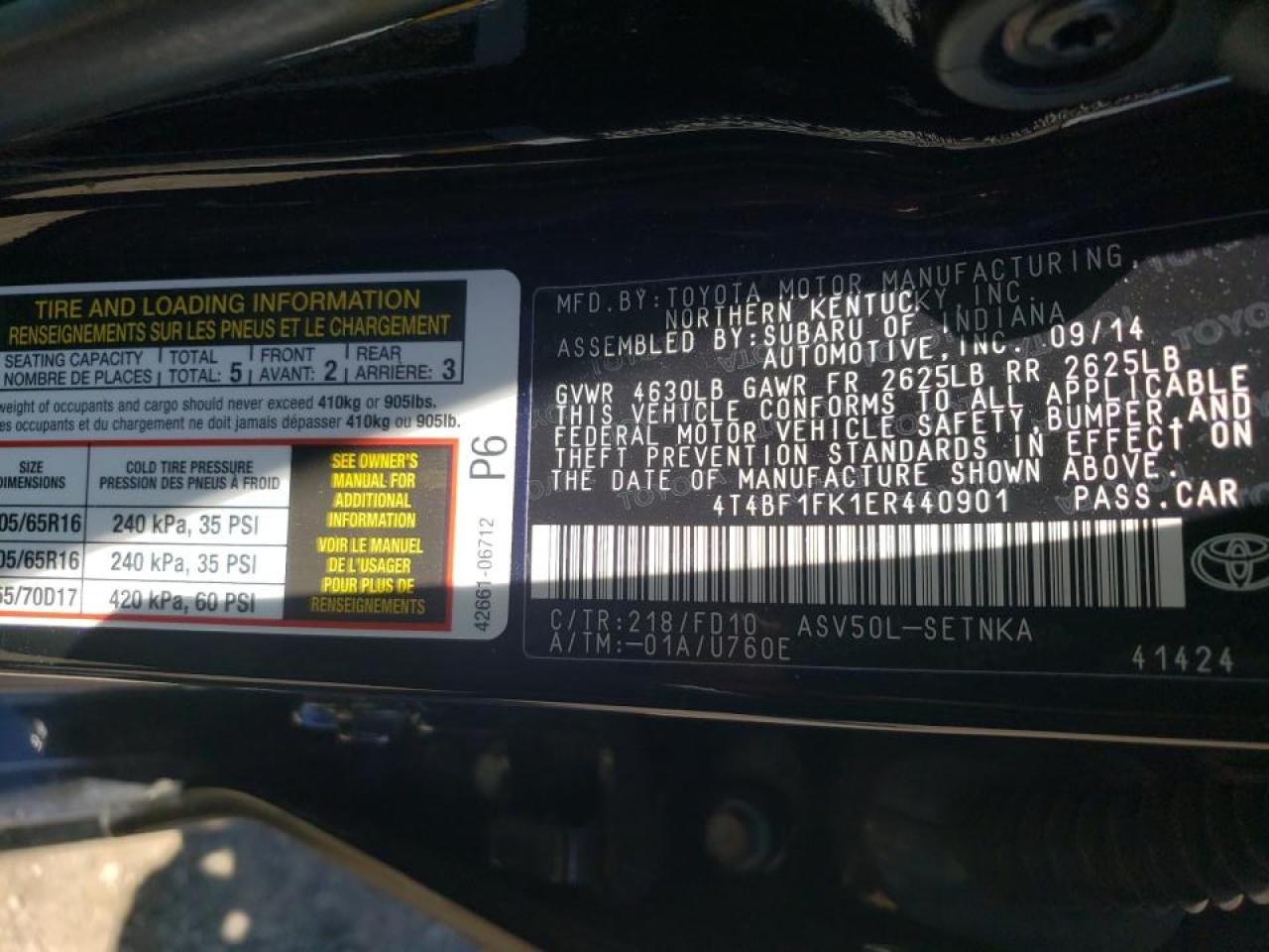 Photo 10 from auction – 2014 TOYOTA CAMRY L with VIN 4T4BF1FK1ER440901