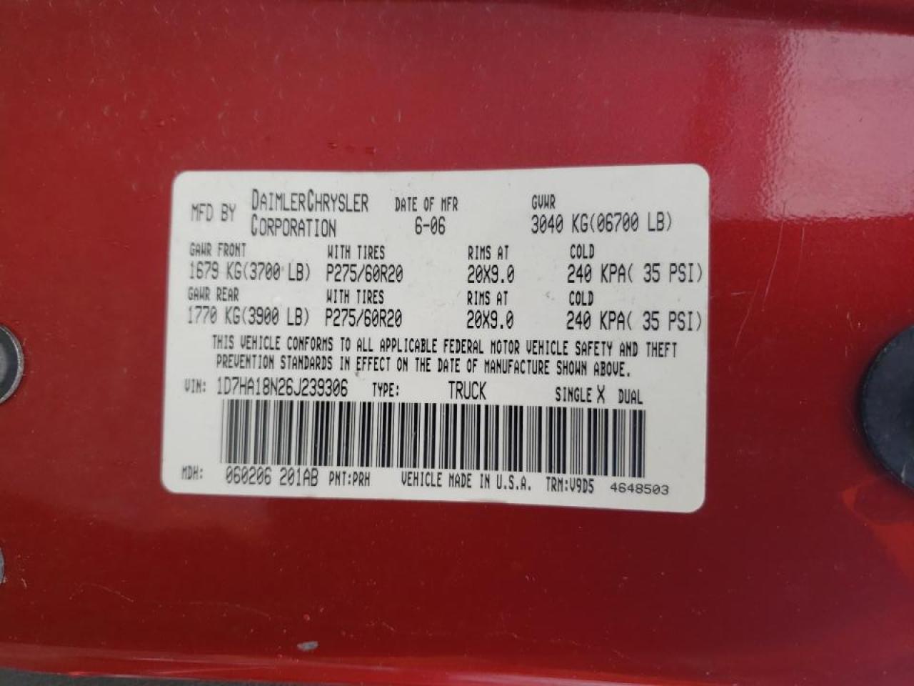 Photo 10 from auction – 2006 DODGE RAM 1500 S with VIN 1D7HA18N26J239306