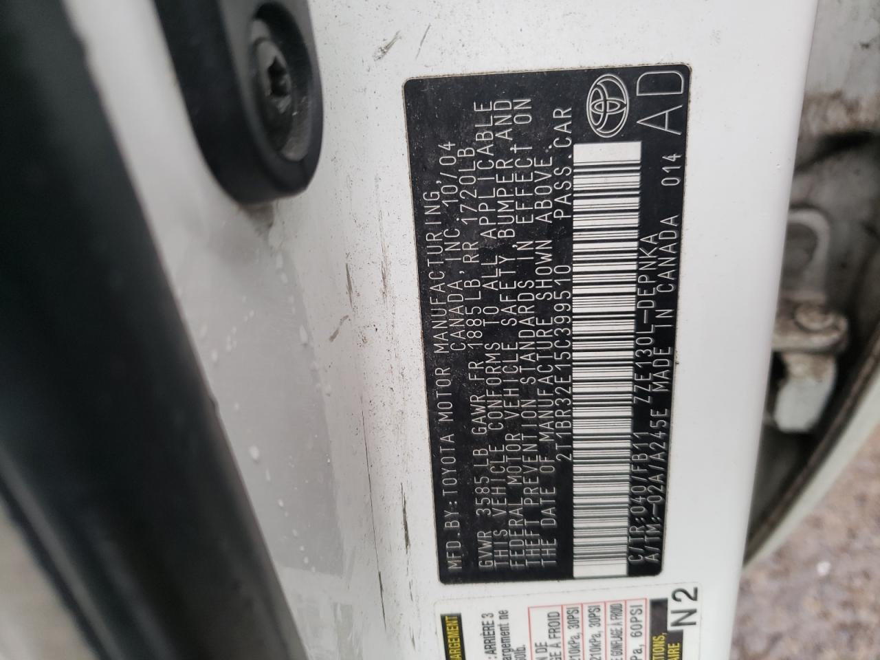 Photo 10 from auction – 2005 TOYOTA COROLLA CE with VIN 2T1BR32E15C399510
