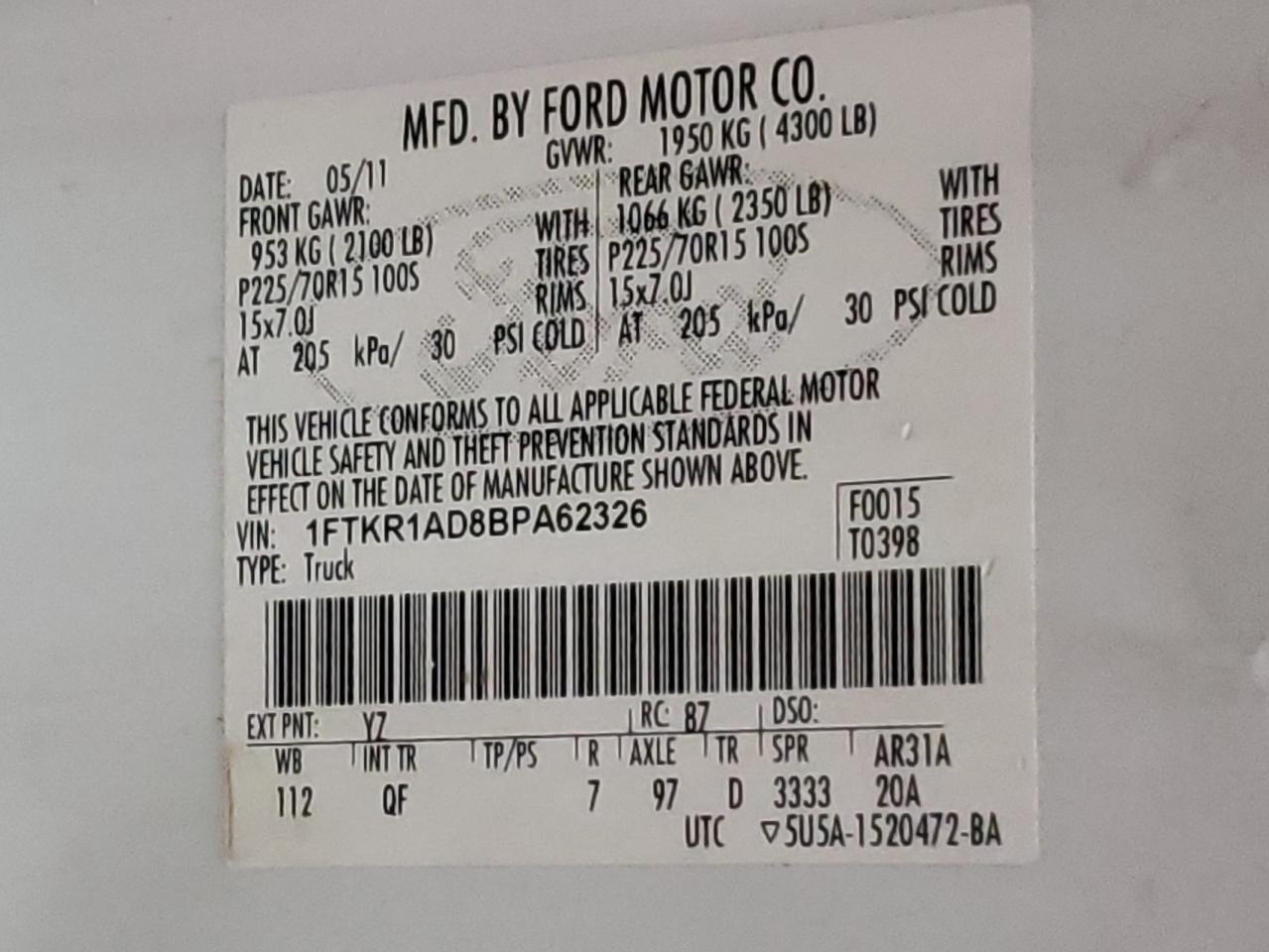 Photo 10 from auction – 2011 FORD RANGER with VIN 1FTKR1AD8BPA62326