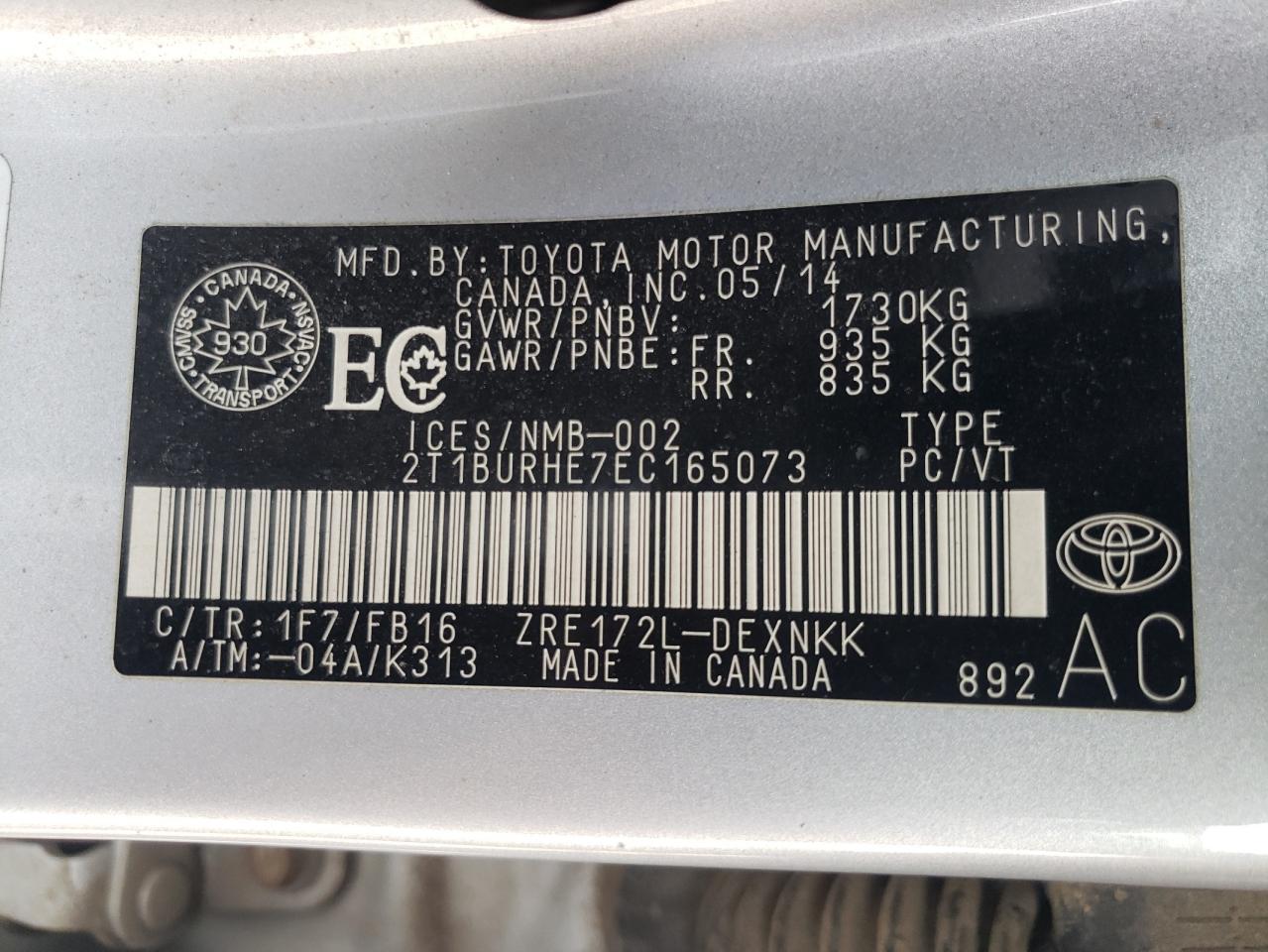 Photo 10 from auction – 2014 TOYOTA COROLLA L with VIN 2T1BURHE7EC165073