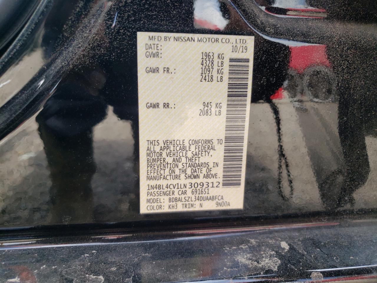 Photo 10 from auction – 2020 NISSAN ALTIMA SR with VIN 1N4BL4CV1LN309312