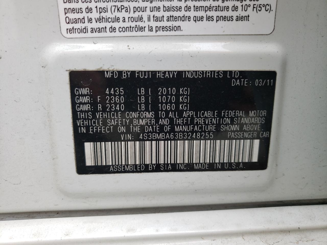 Photo 10 from auction – 2011 SUBARU LEGACY 2.5 with VIN 4S3BMBA63B3248255