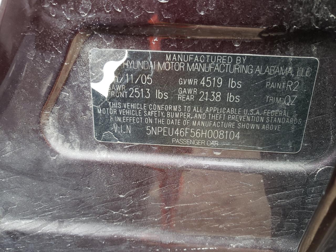 Photo 10 from auction – 2006 HYUNDAI SONATA GLS with VIN 5NPEU46F56H008104