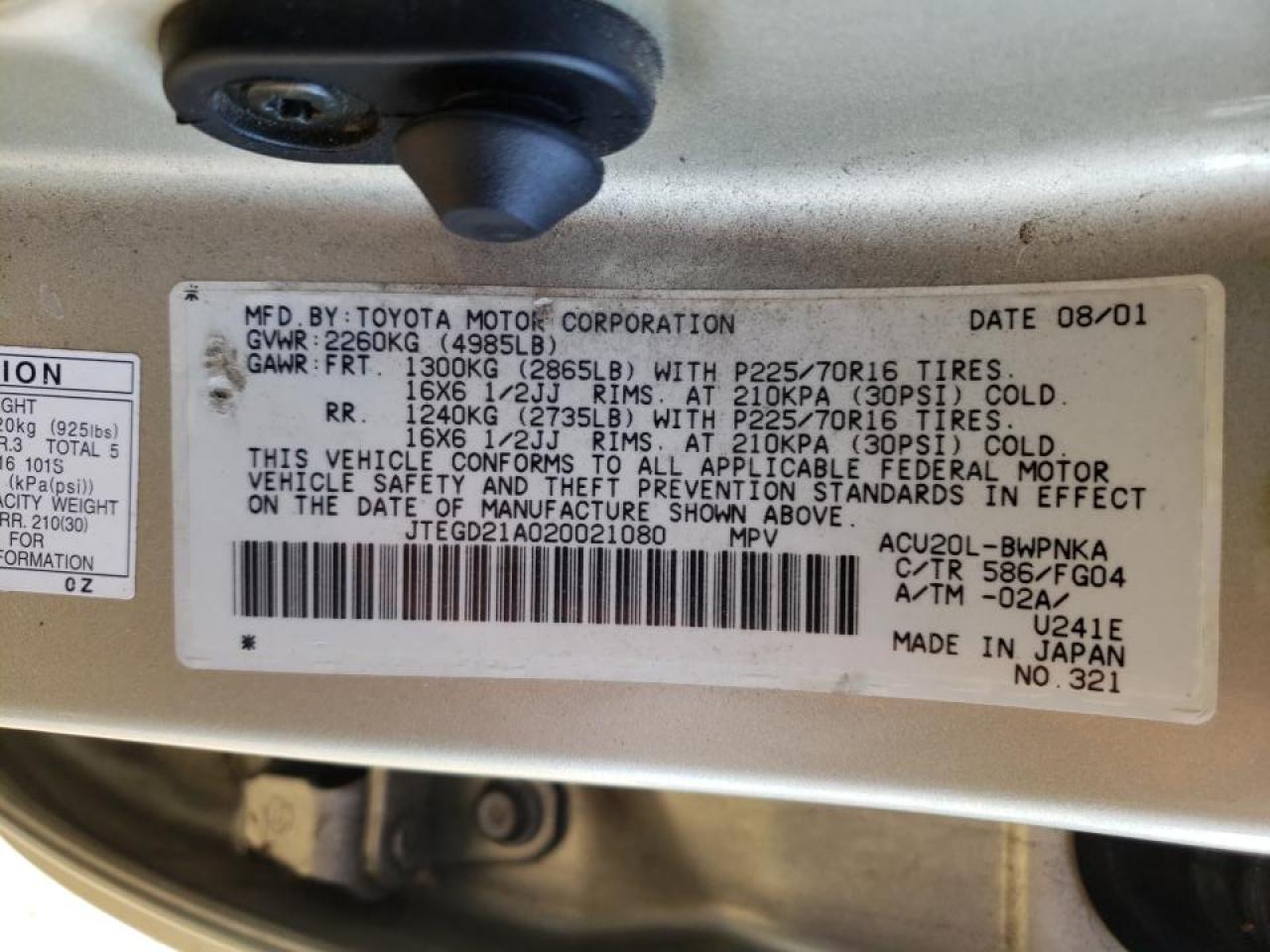 Photo 10 from auction – 2002 TOYOTA HIGHLANDER with VIN JTEGD21A020021080