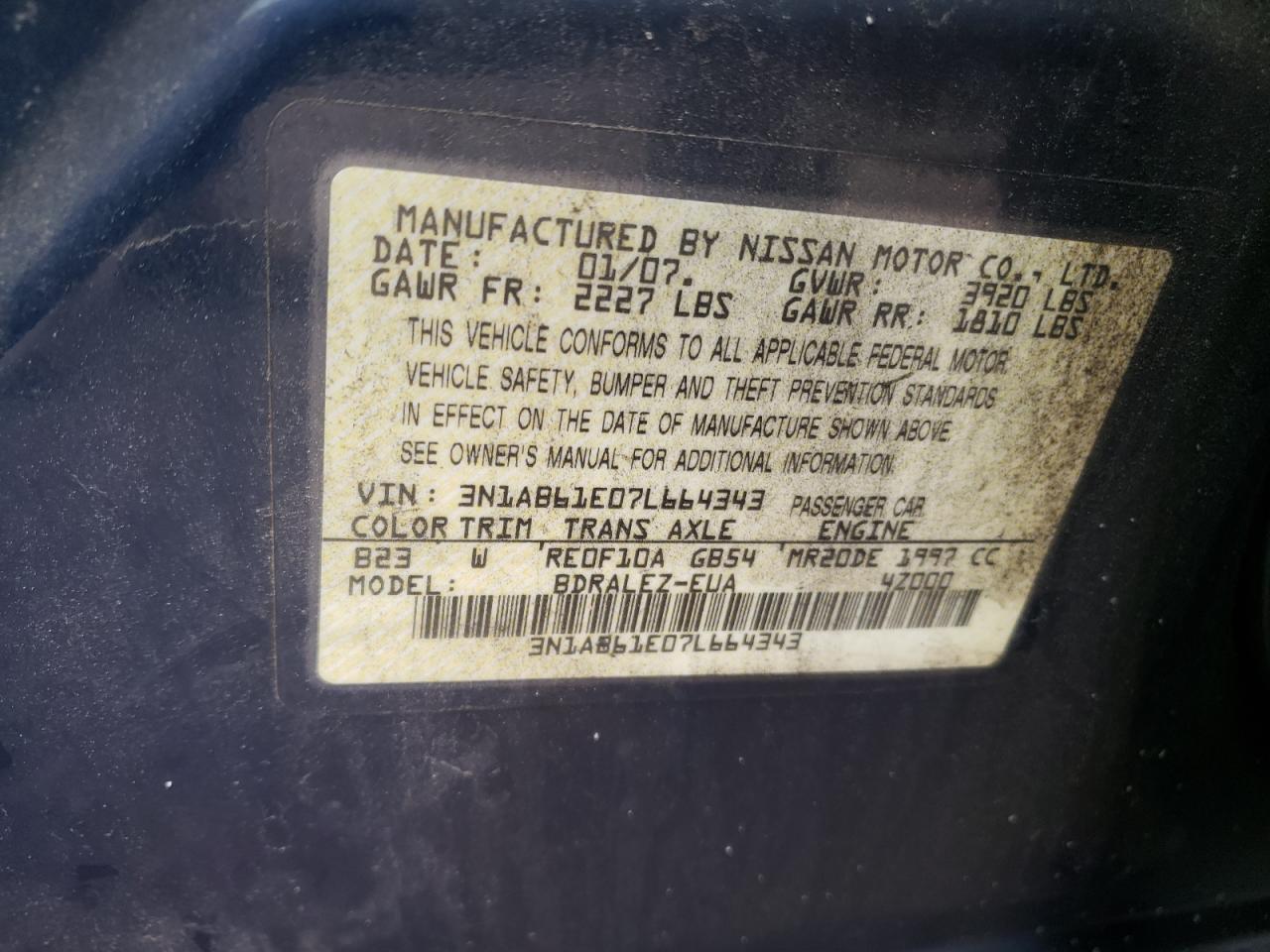 Photo 10 from auction – 2007 NISSAN SENTRA 2.0 with VIN 3N1AB61E07L664343