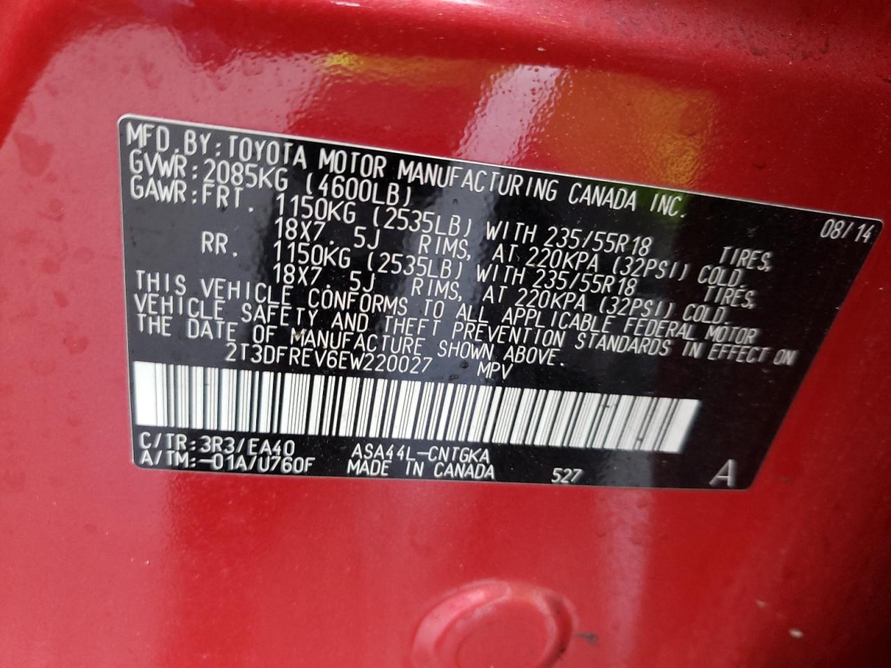 Photo 10 from auction – 2014 TOYOTA RAV4 LIMIT with VIN 2T3DFREV6EW220027