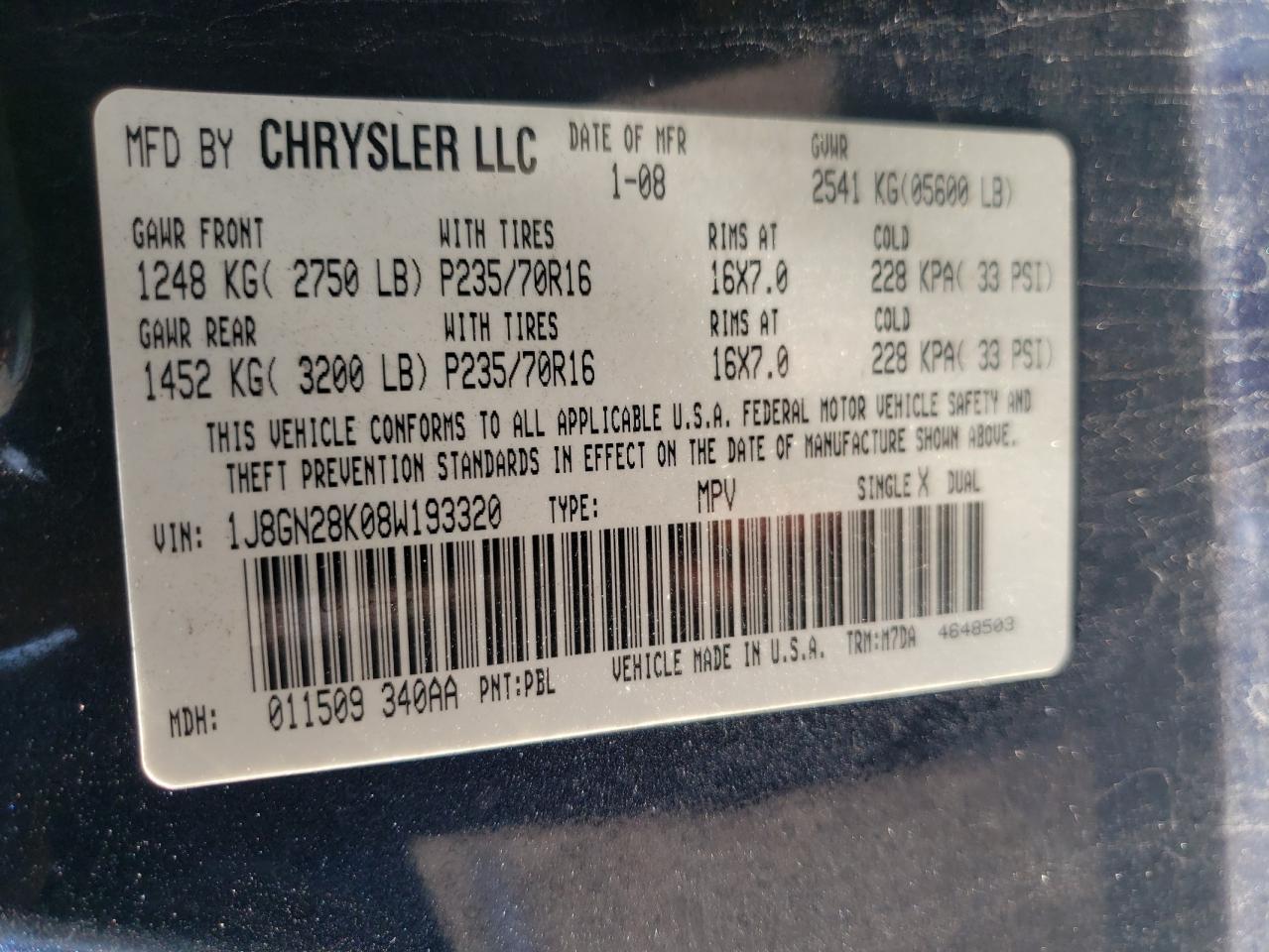 Photo 10 from auction – 2008 JEEP LIBERTY SP with VIN 1J8GN28K08W193320