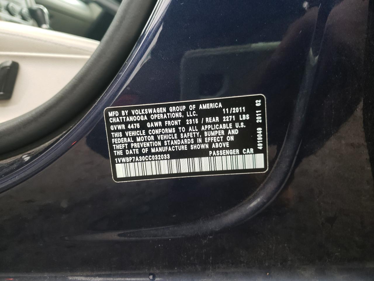Photo 10 from auction – 2012 VOLKSWAGEN PASSAT SE with VIN 1VWBP7A30CC032033