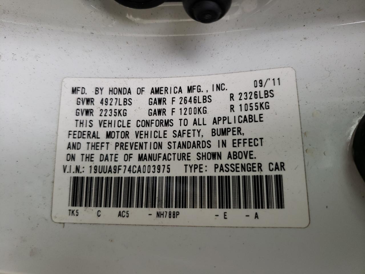 Photo 10 from auction – 2012 ACURA TL with VIN 19UUA9F74CA003975