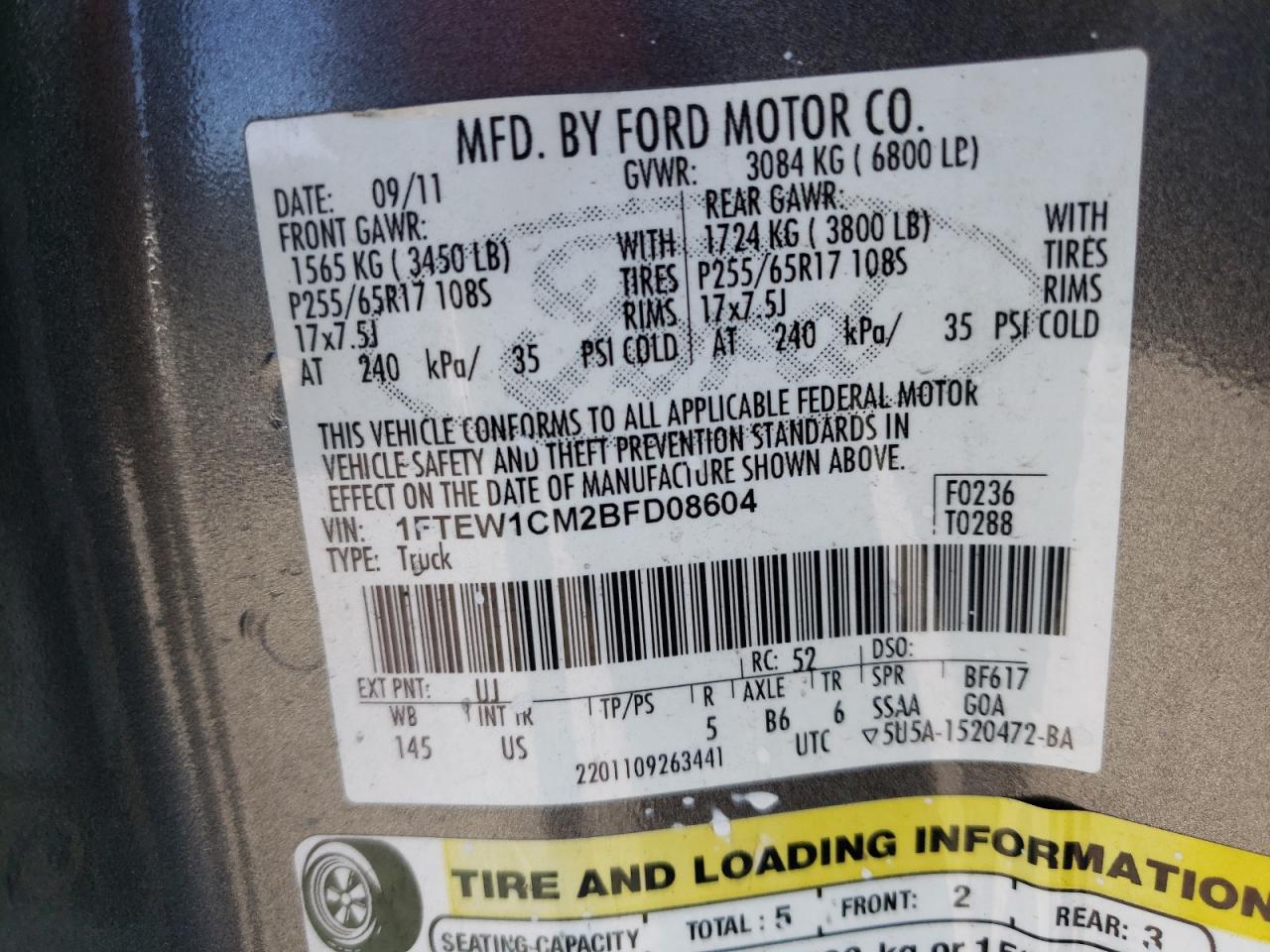 Photo 10 from auction – 2011 FORD F150 SUPER with VIN 1FTEW1CM2BFD08604