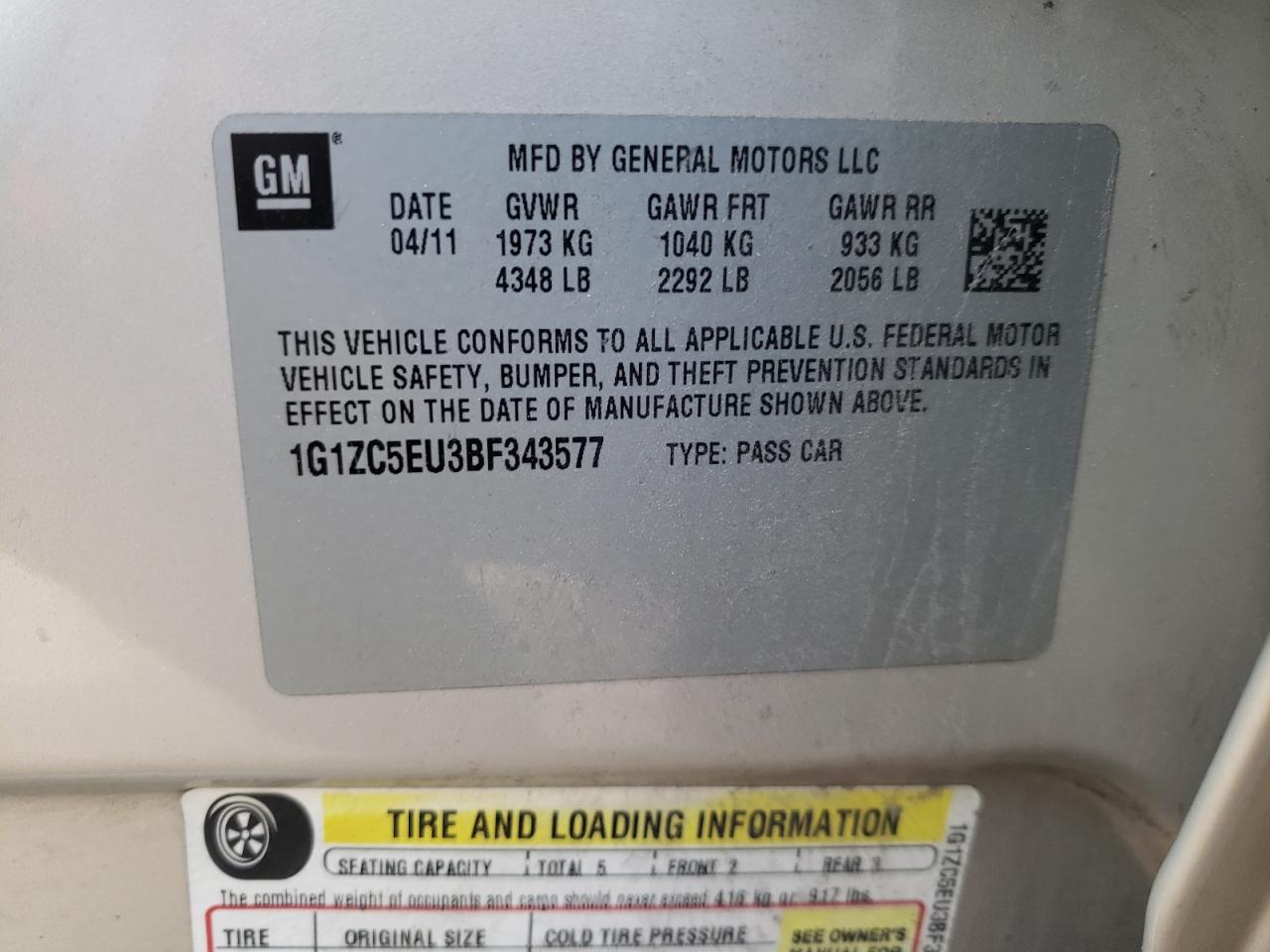 Photo 10 from auction – 2011 CHEVROLET MALIBU 1LT with VIN 1G1ZC5EU3BF343577