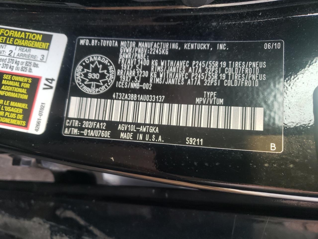 Photo 10 from auction – 2010 TOYOTA VENZA with VIN 4T3ZA3BB1AU033137