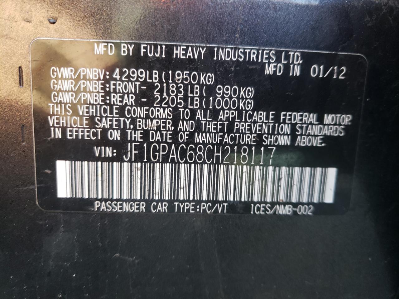 Photo 10 from auction – 2012 SUBARU IMPREZA PR with VIN JF1GPAC68CH218117