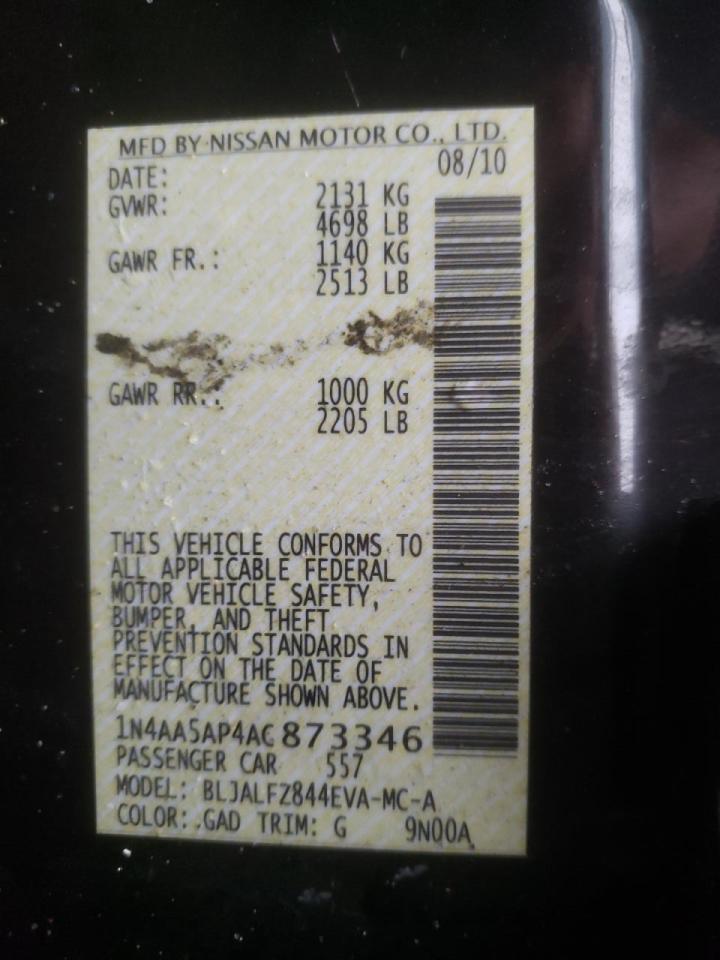 Photo 10 from auction – 2010 NISSAN MAXIMA S with VIN 1N4AA5AP4AC873346