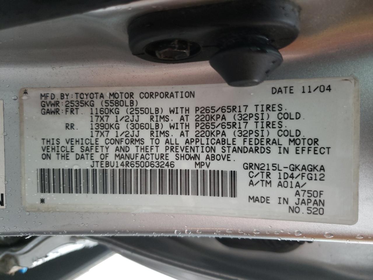 Photo 10 from auction – 2005 TOYOTA 4 RUNNER with VIN JTEBU14R650063246