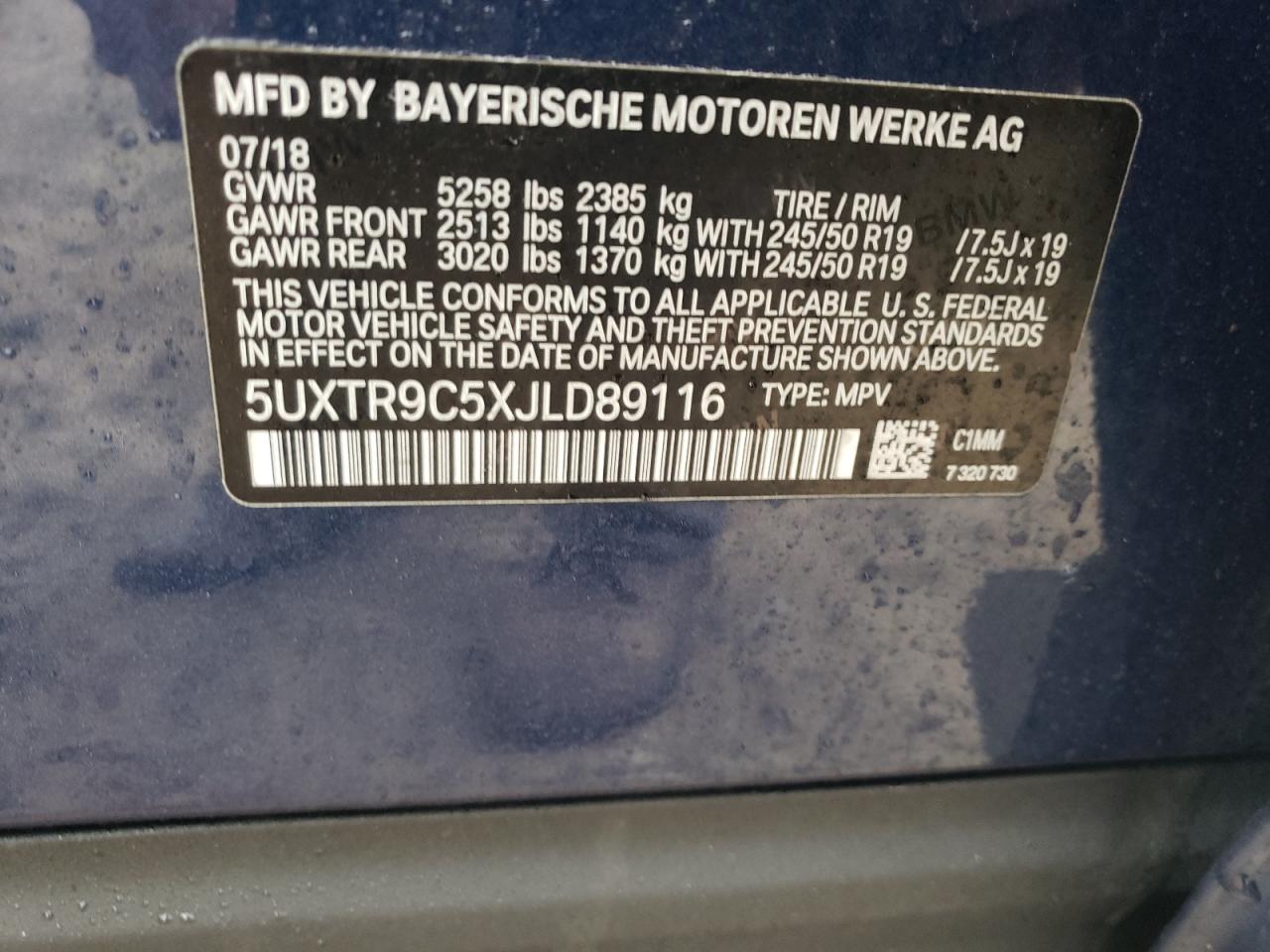Photo 10 from auction – 2018 BMW X3 XDRIVE3 with VIN 5UXTR9C5XJLD89116