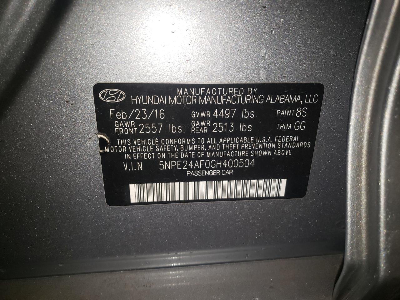 Photo 10 from auction – 2016 HYUNDAI SONATA SE with VIN 5NPE24AF0GH400504