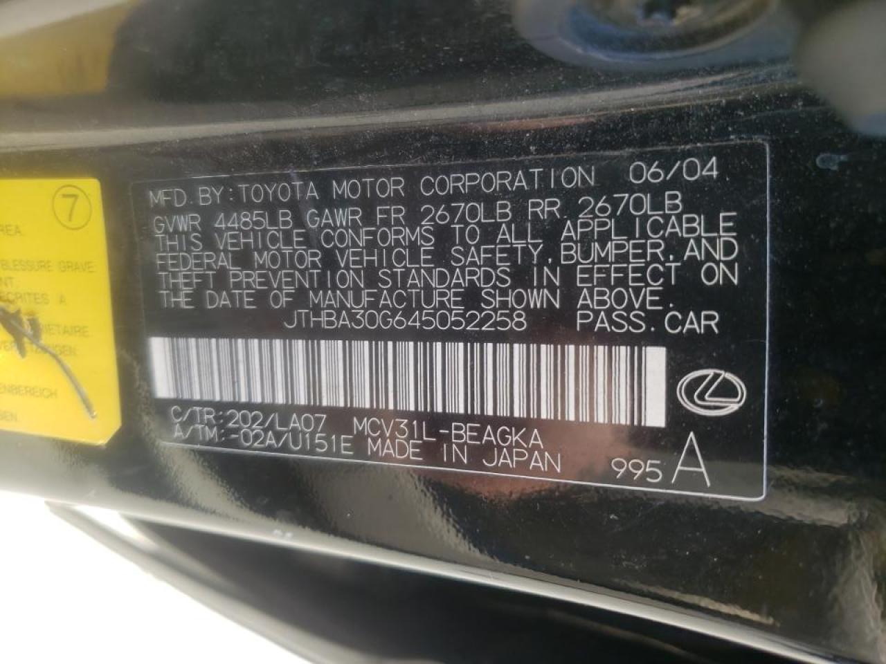 Photo 10 from auction – 2004 LEXUS ES 330 with VIN JTHBA30G645052258