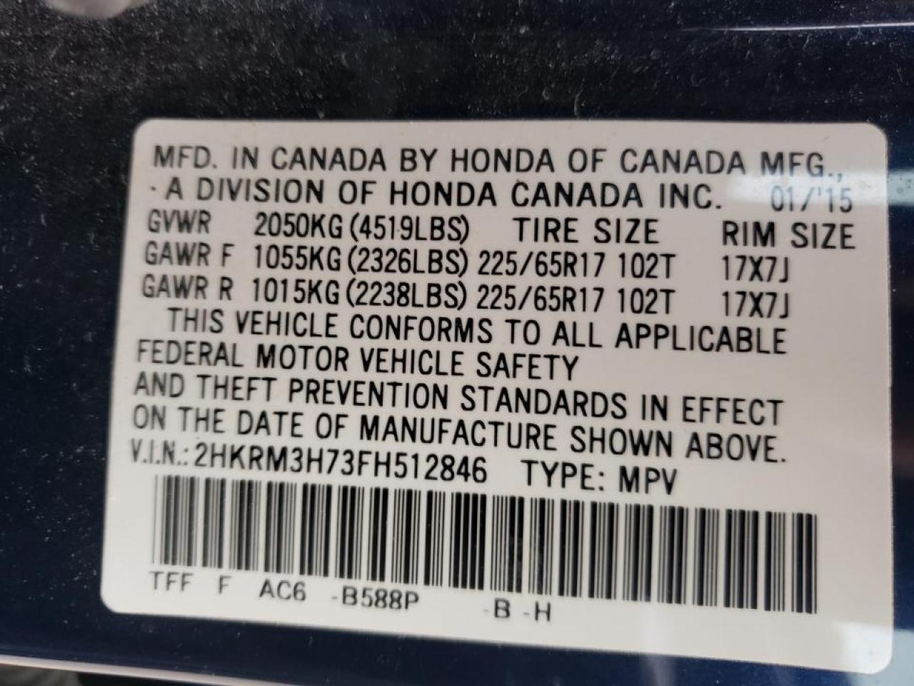 Photo 10 from auction – 2015 HONDA CR-V EXL with VIN 2HKRM3H73FH512846