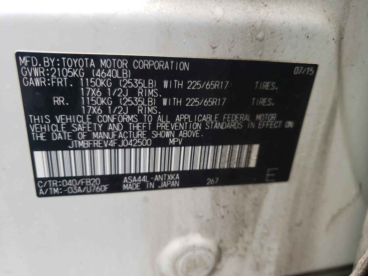 Photo 10 from auction – 2015 TOYOTA RAV4 LE with VIN JTMBFREV4FJ042500