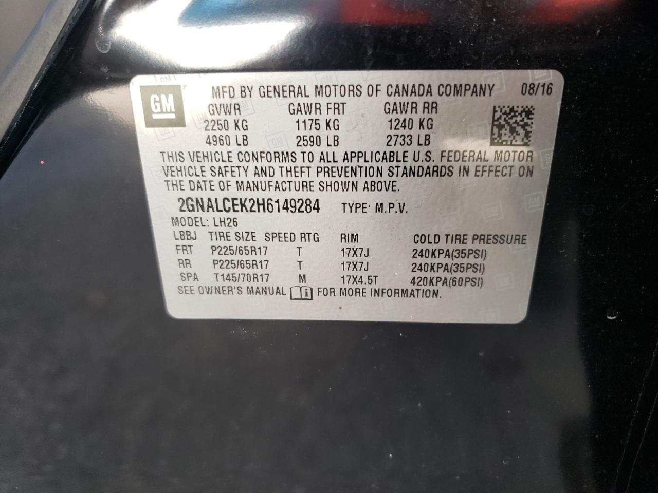 Photo 10 from auction – 2017 CHEVROLET EQUINOX LT with VIN 2GNALCEK2H6149284