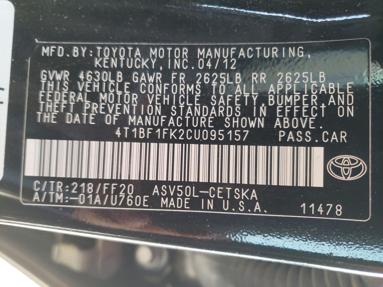 Photo 10 from auction – 2012 TOYOTA CAMRY BASE with VIN 4T1BF1FK2CU095157