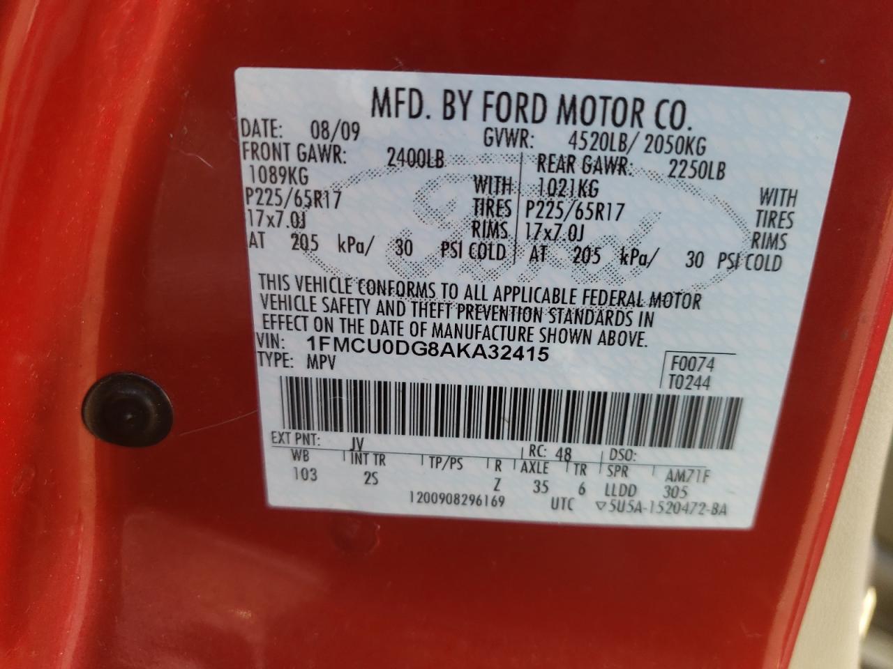 Photo 10 from auction – 2010 FORD ESCAPE XLT with VIN 1FMCU0DG8AKA32415