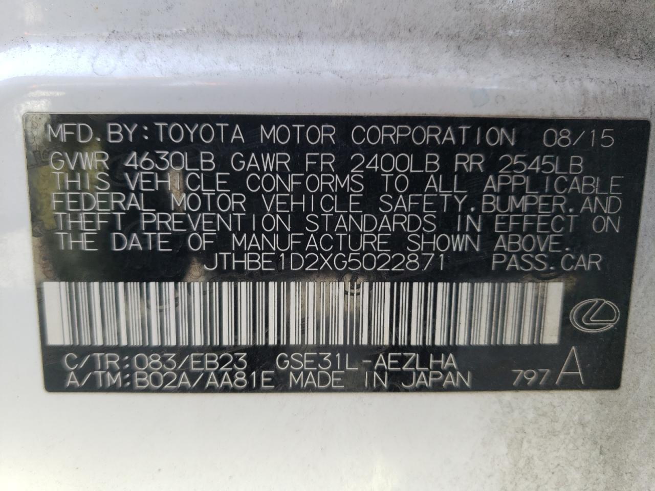 Photo 10 from auction – 2016 LEXUS IS 350 with VIN JTHBE1D2XG5022871