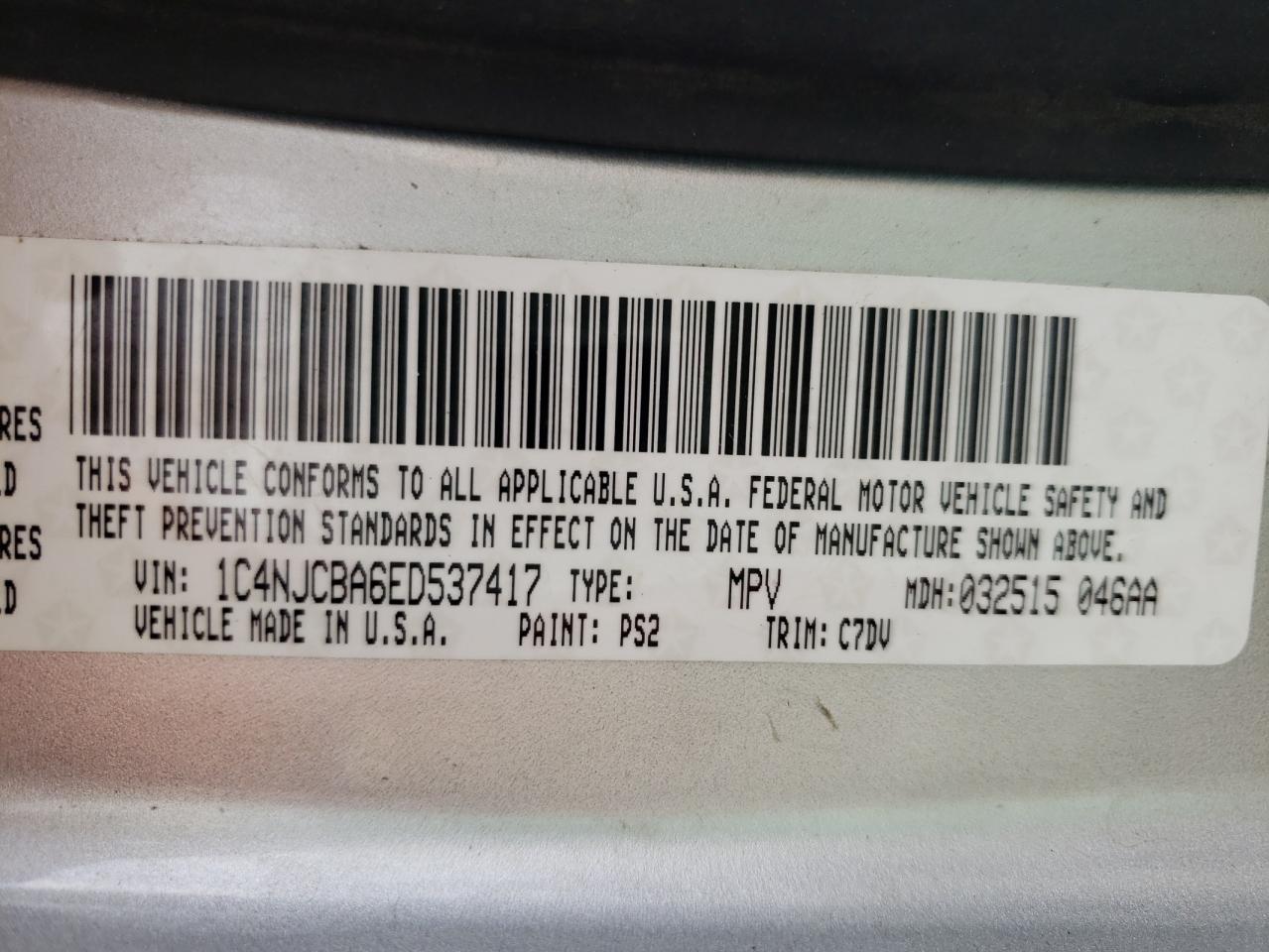 Photo 10 from auction – 2014 JEEP COMPASS SP with VIN 1C4NJCBA6ED537417