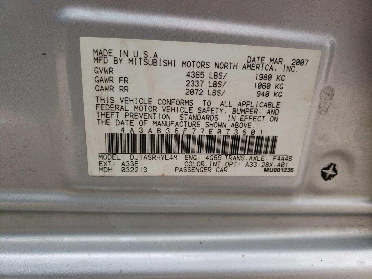 Photo 10 from auction – 2007 MITSUBISHI GALANT ES with VIN 4A3AB36F77E073601