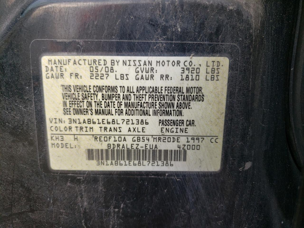 Photo 10 from auction – 2008 NISSAN SENTRA 2.0 with VIN 3N1AB61E68L721386