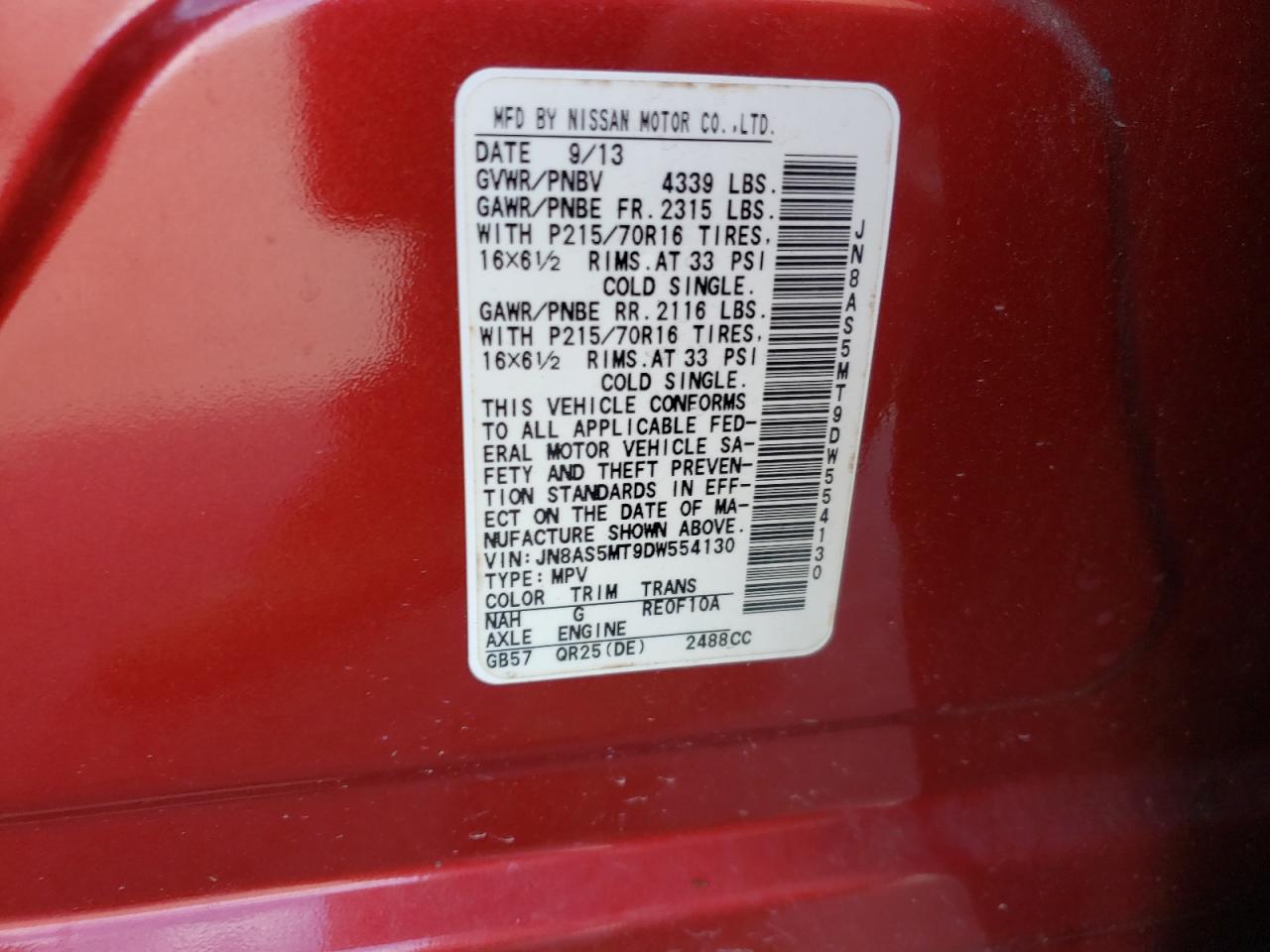Photo 10 from auction – 2013 NISSAN ROGUE S/SV with VIN JN8AS5MT9DW554130