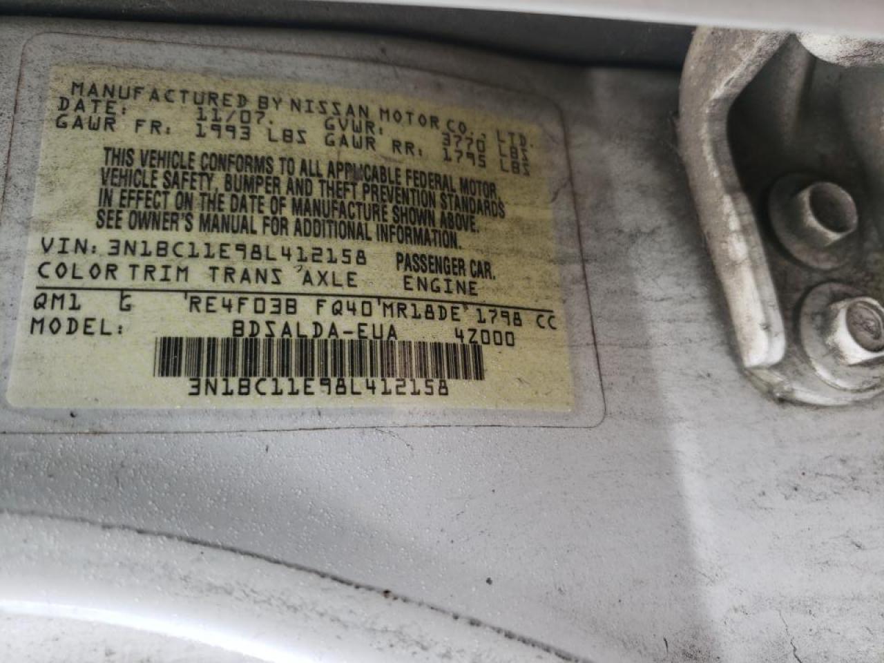 Photo 10 from auction – 2008 NISSAN VERSA S with VIN 3N1BC11E98L412158