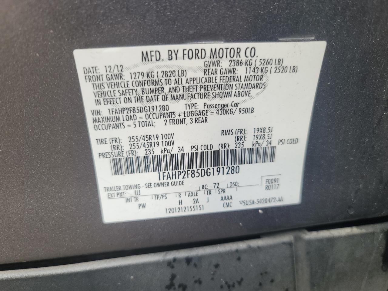 Photo 10 from auction – 2013 FORD TAURUS LIM with VIN 1FAHP2F85DG191280