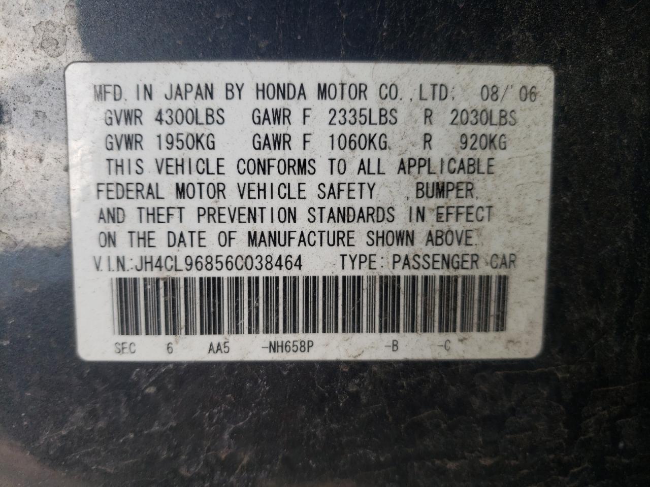 Photo 10 from auction – 2006 ACURA TSX with VIN JH4CL96856C038464