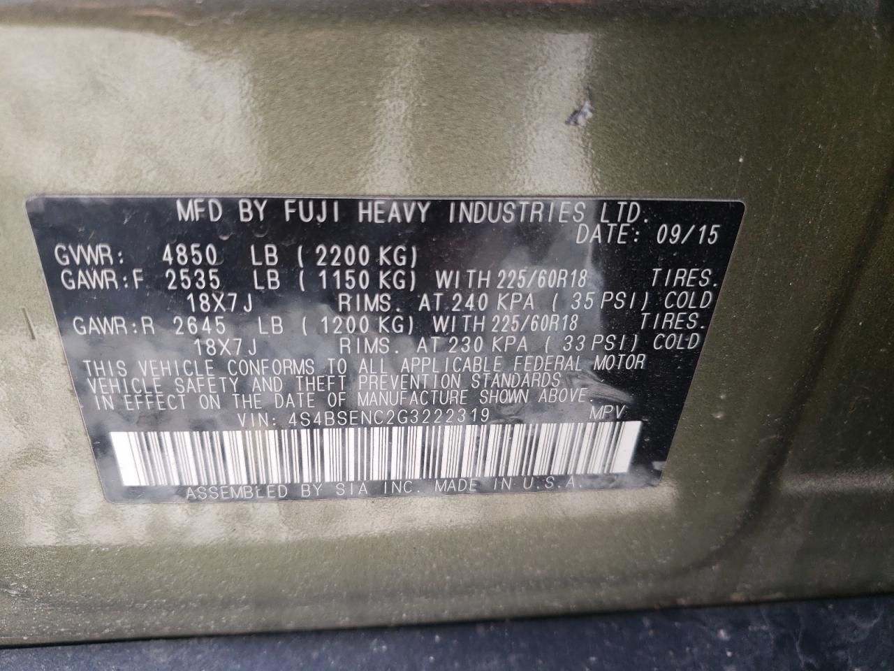Photo 10 from auction – 2016 SUBARU OUTBACK 3. with VIN 4S4BSENC2G3222319