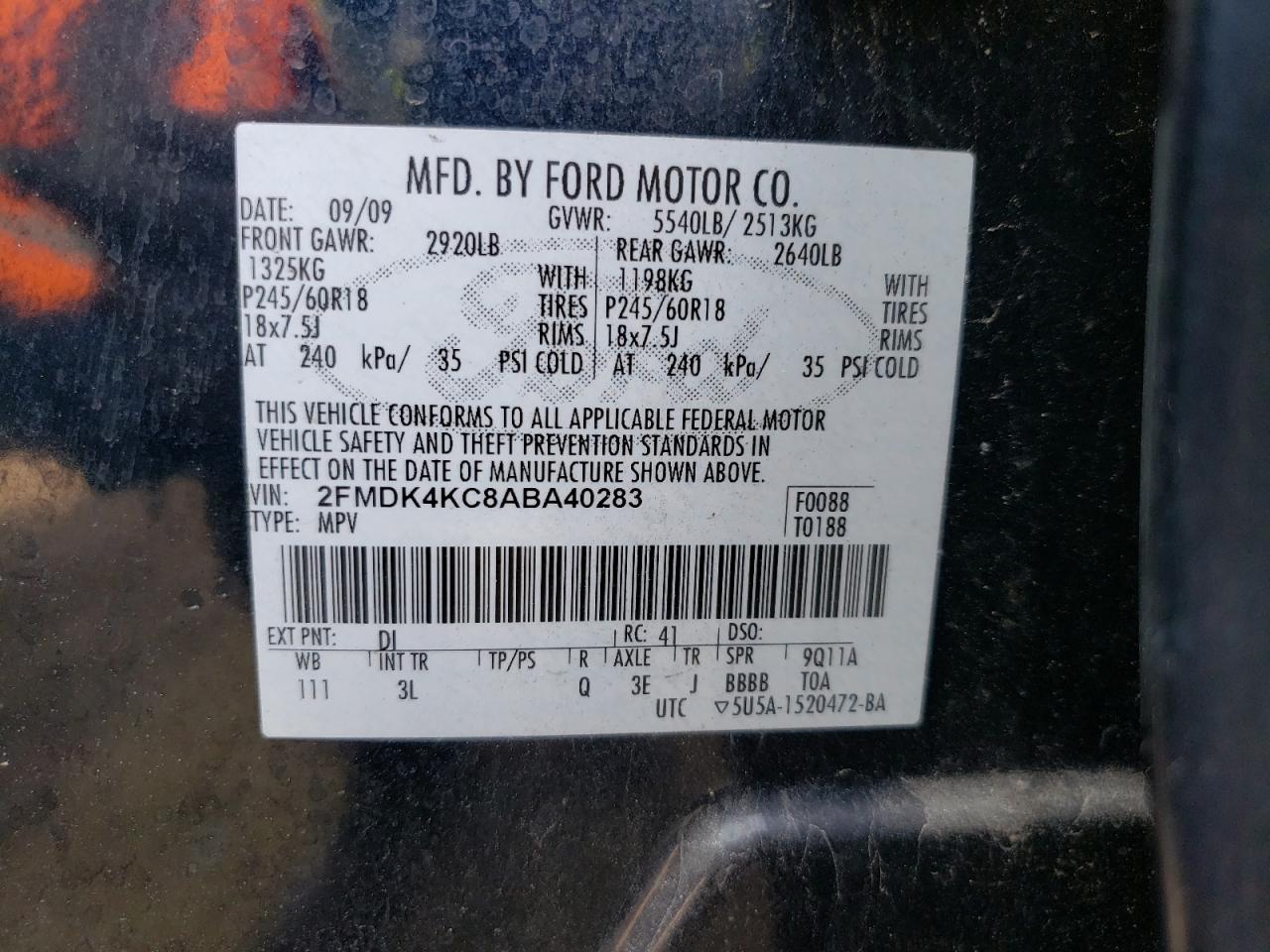 Photo 10 from auction – 2010 FORD EDGE LIMIT with VIN 2FMDK4KC8ABA40283