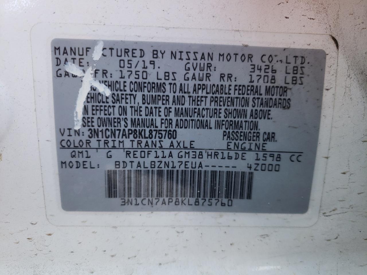 Photo 10 from auction – 2019 NISSAN VERSA S with VIN 3N1CN7AP8KL875760