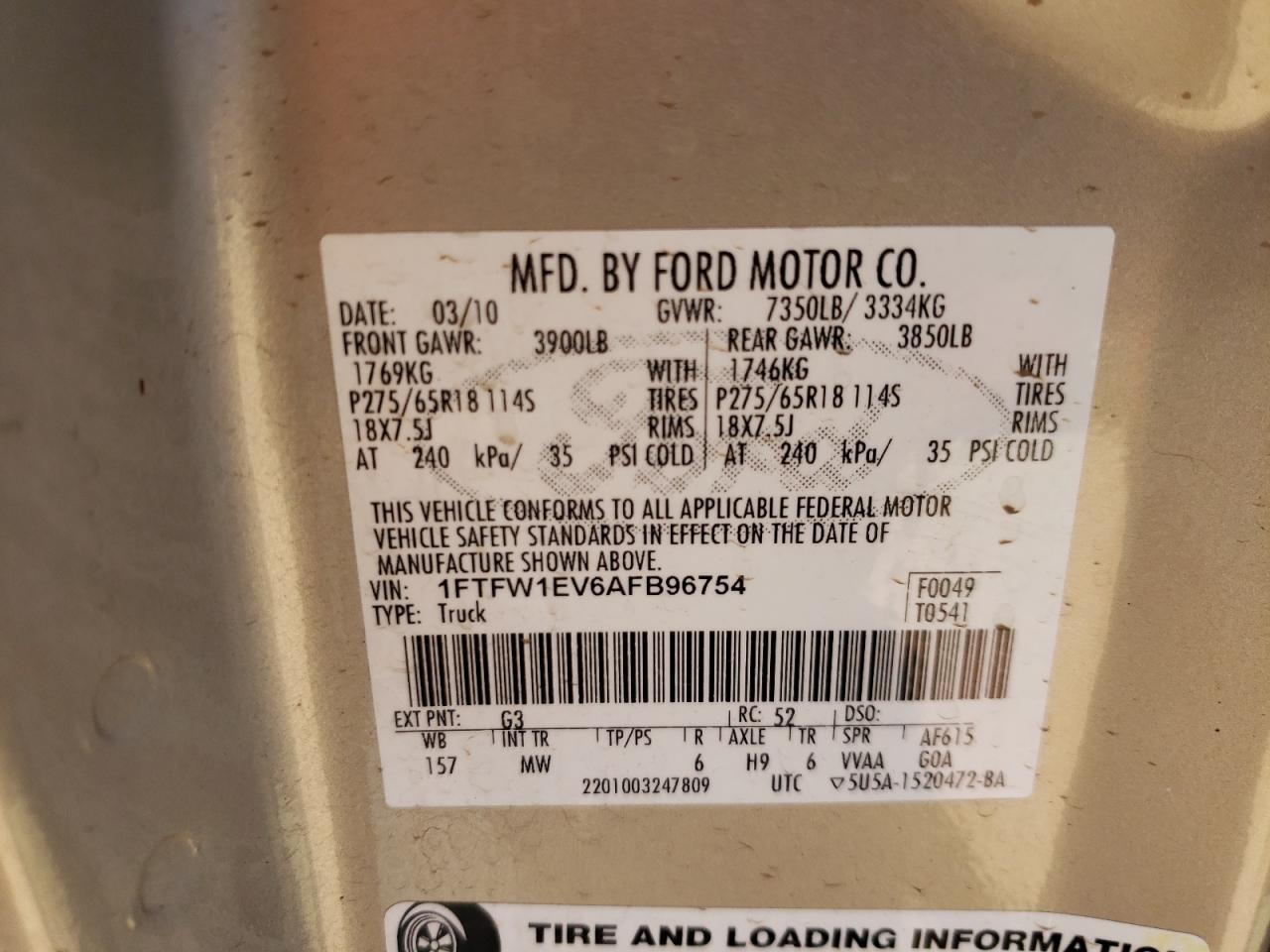 Photo 10 from auction – 2010 FORD F150 SUPER with VIN 1FTFW1EV6AFB96754